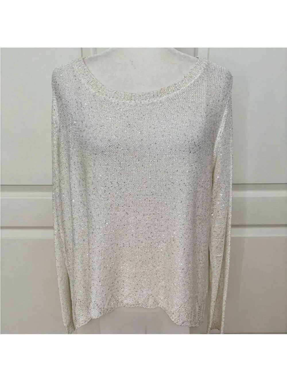 Sioni Winter White Sparkle Sweater XL – Hi-Lo Hem, Chiffon Lining, Rhinestone